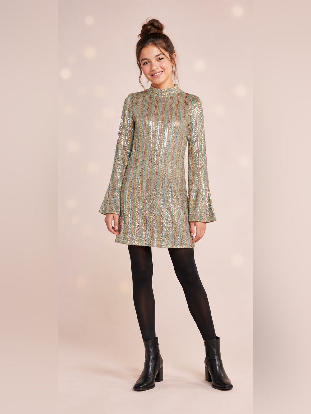 Silver Pink Sequin Mock Neck Long Sleeve Mini Dress NEW Girls XL 18 / XS Women